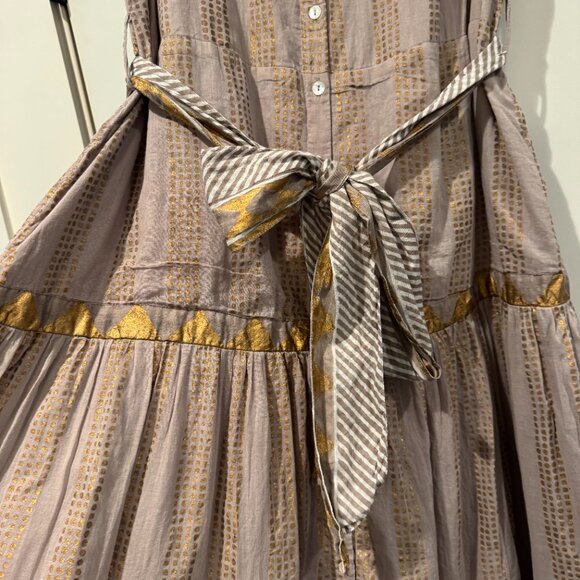 Oliphant Grey and Gold Flutter Sleeve  Belted Dress - Picture 8 of 14